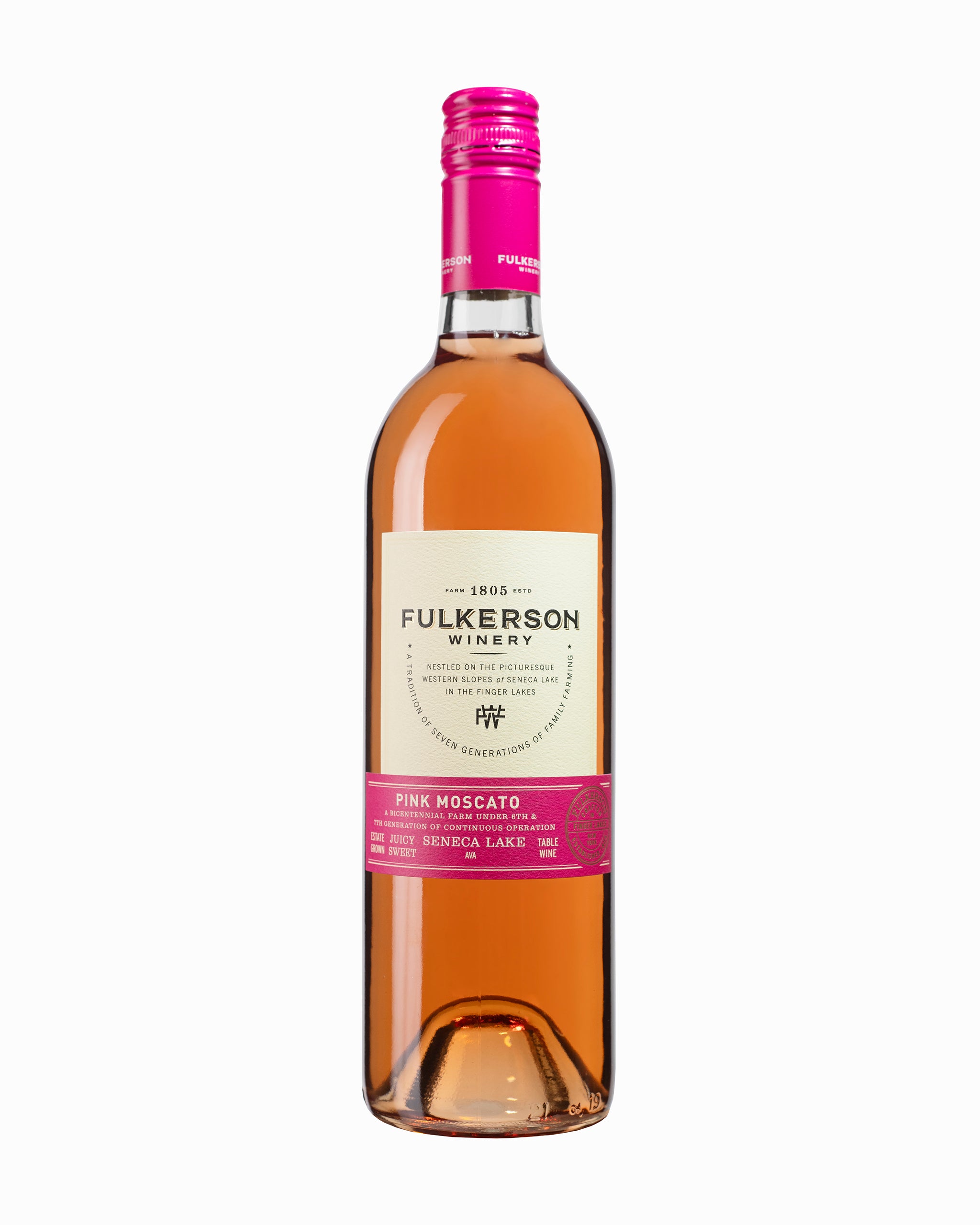 Bottle of Fulkerson Pink Moscato on a white background