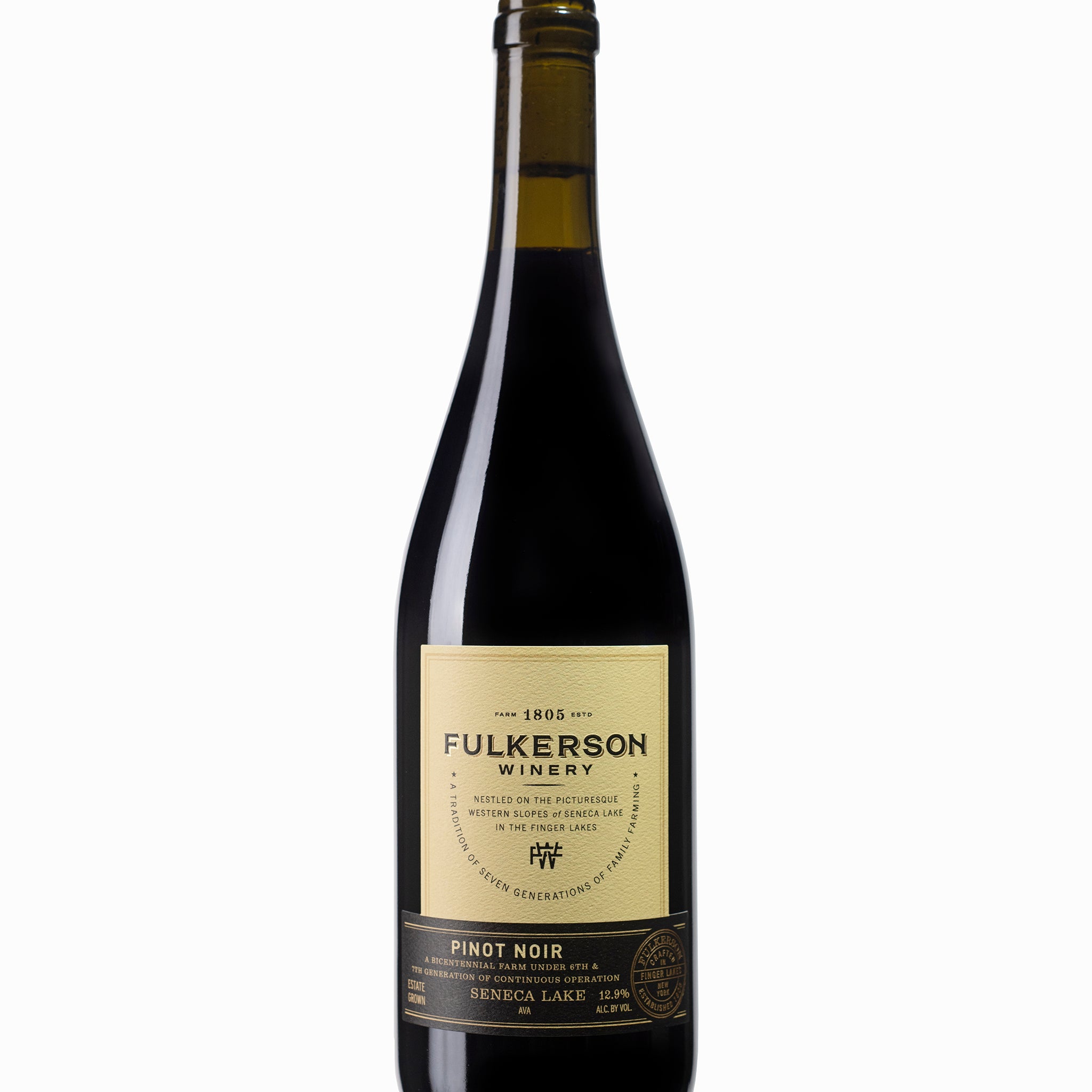 Wine bottle with Fulkerson label on a white background