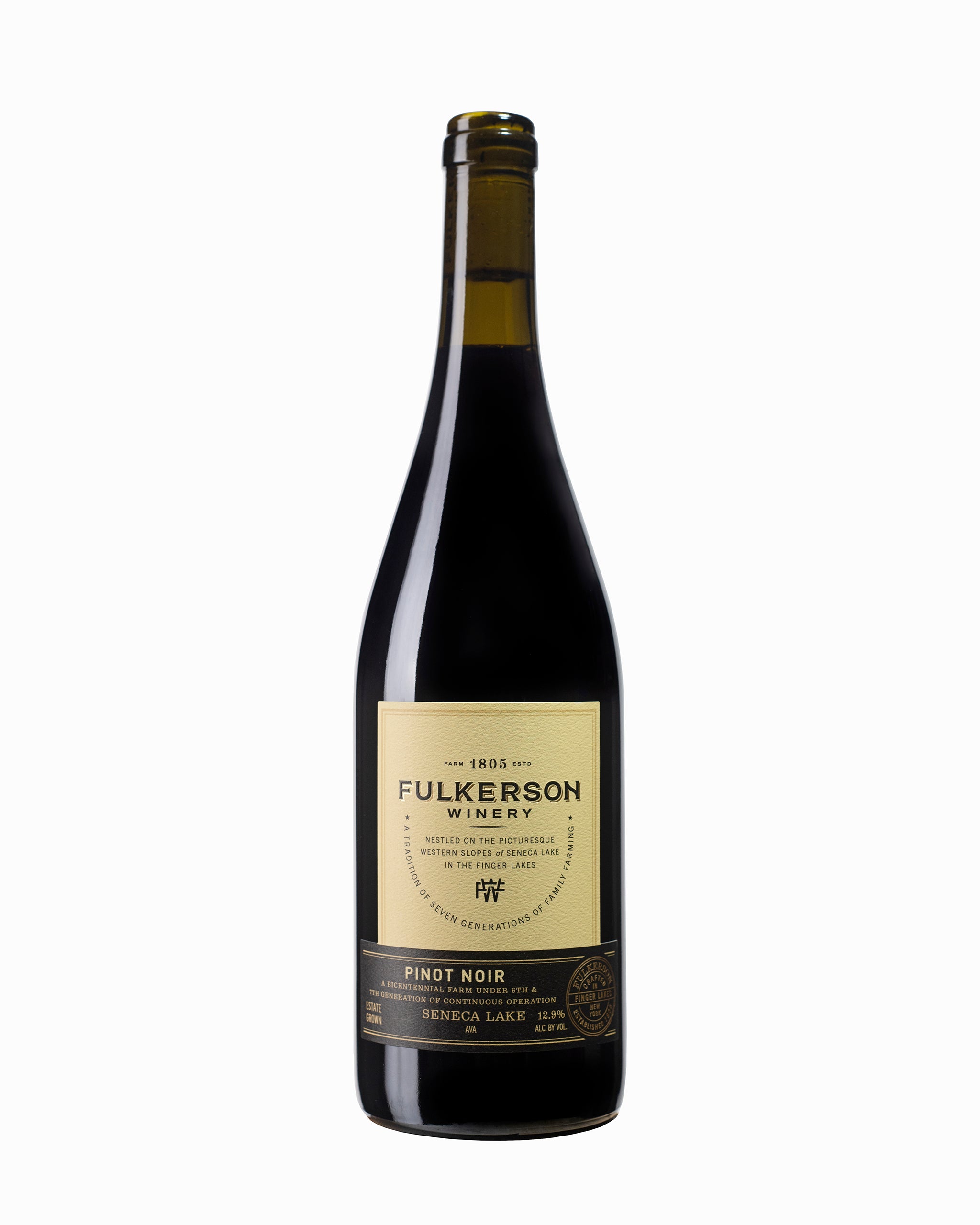 Wine bottle with Fulkerson label on a white background
