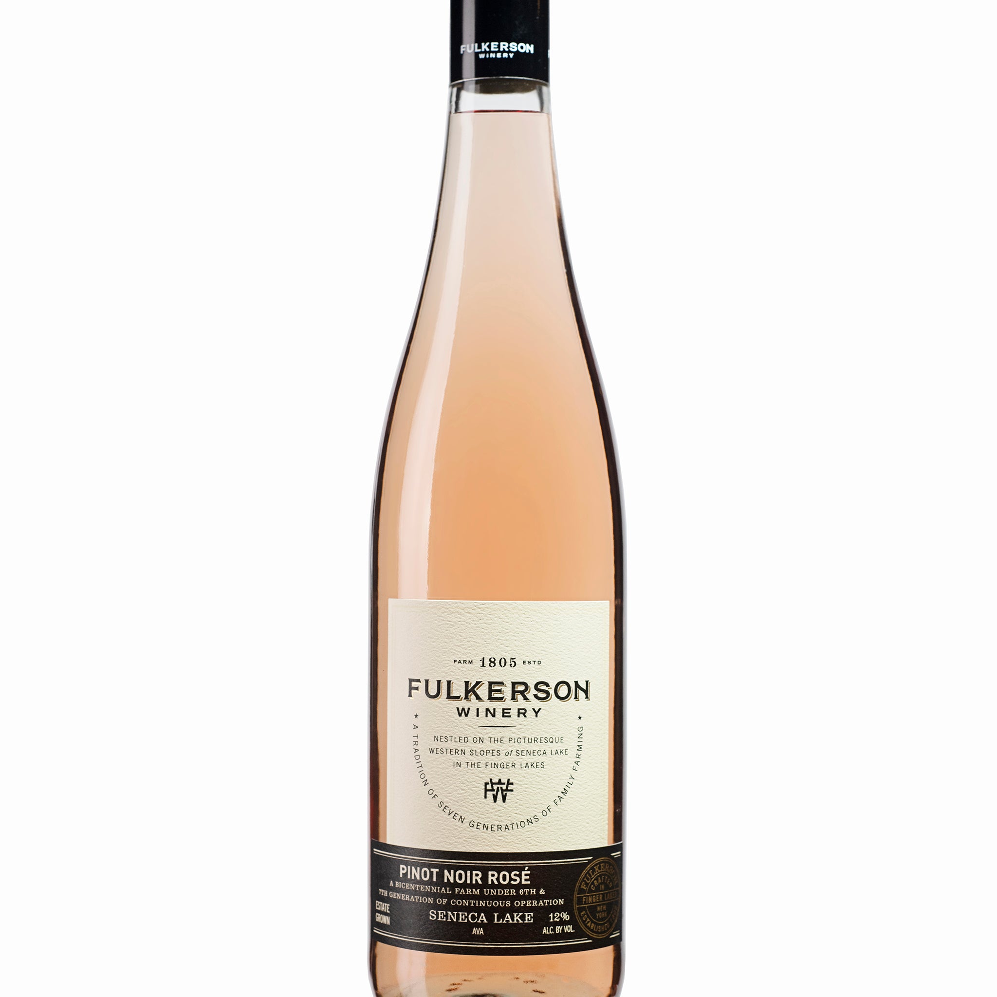 Bottle of Fulkerson Winery Pinot Noir Rosé on a white background