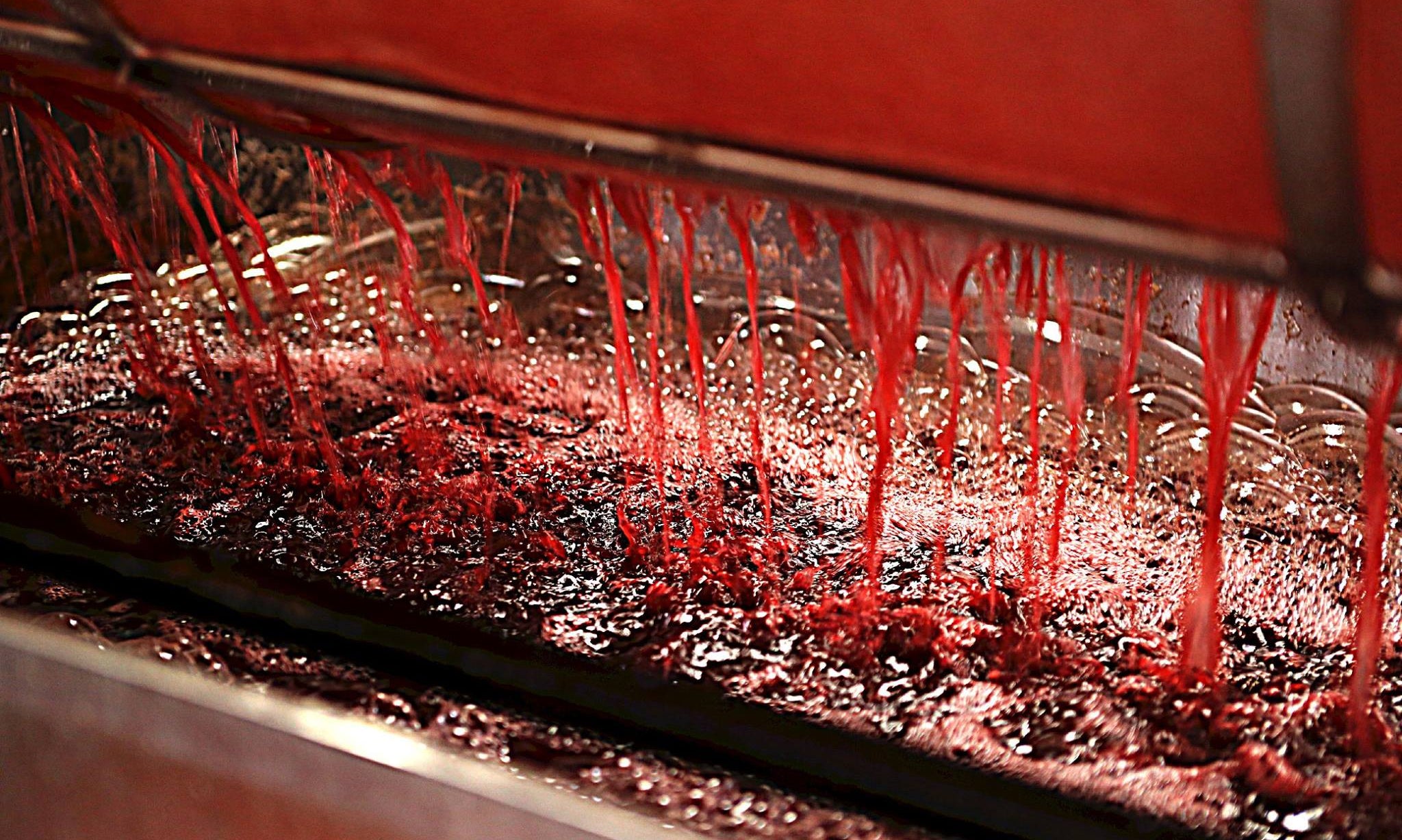 Wine press with falling red wine into a vat of liquid with a silver foreground