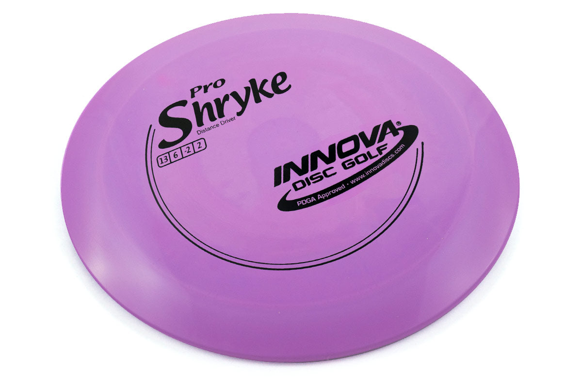 Purple disc golf disc with 'Pro Shryke' and 'Innova Disc Golf' branding on a white background
