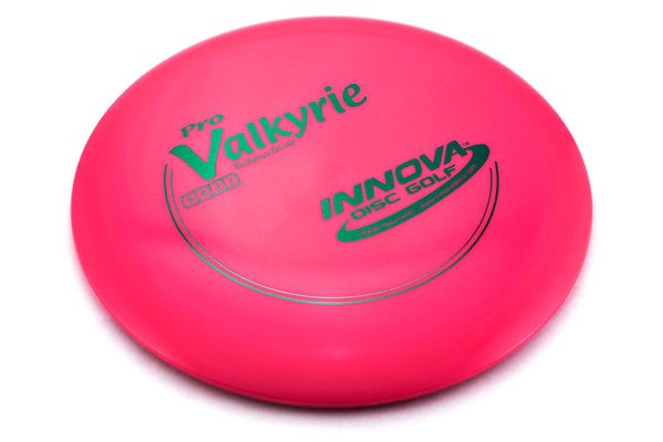 Pink Valkyrie disc golf disc with 'Innova Disc Golf' branding on a white background