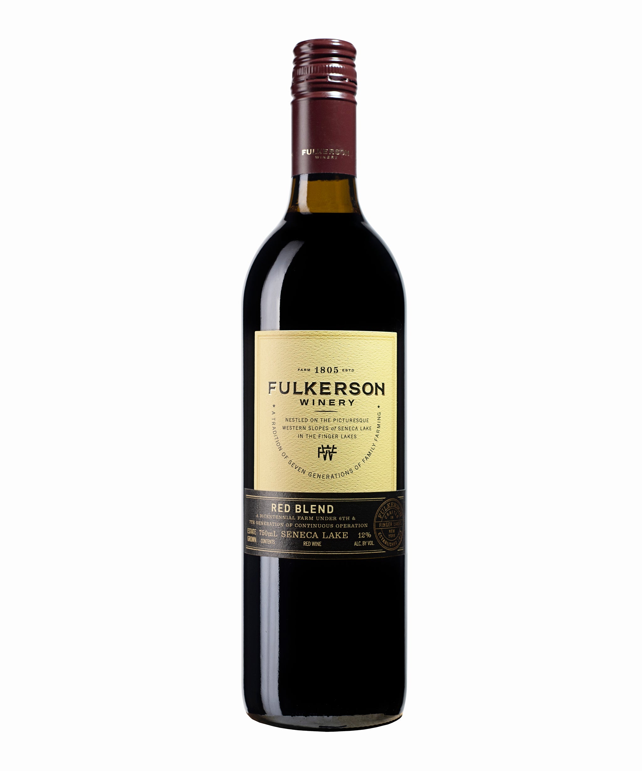 Wine bottle with 'Fulkerson Winery' label on a white background
