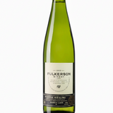 Bottle of Fulkerson Reserve Riesling. Green bottle with gold cap and fulkerson label on a white background.