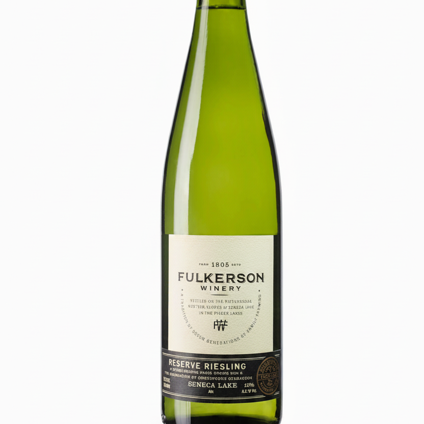 Bottle of Fulkerson Reserve Riesling. Green bottle with gold cap and fulkerson label on a white background.