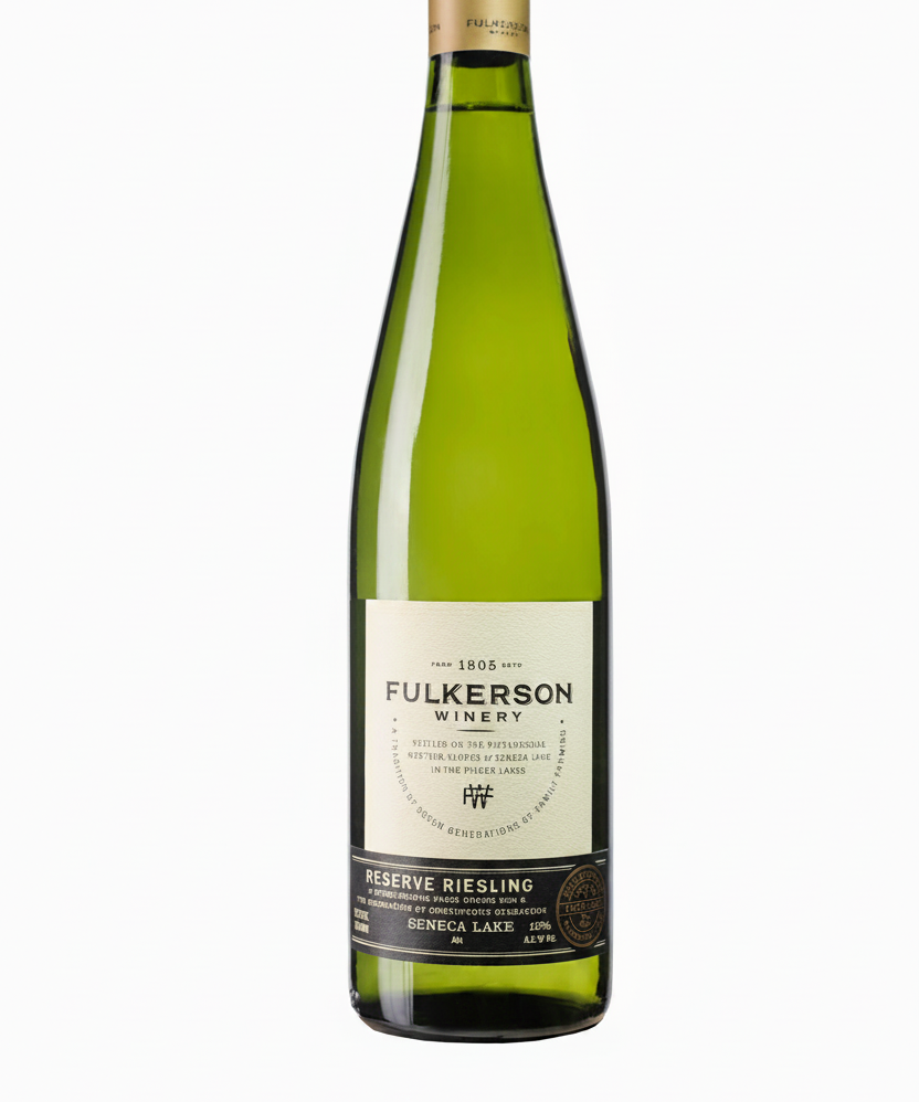 Bottle of Fulkerson Reserve Riesling. Green bottle with gold cap and fulkerson label on a white background.