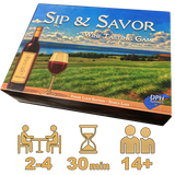 Sip and savor wine tasting game on a clear background with icons depicting 2-4 players, 30 min, and 14+ ages. Game box has picture of finger lakes lake view. 