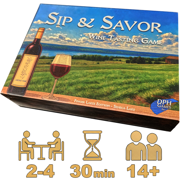 Sip and savor wine tasting game on a clear background with icons depicting 2-4 players, 30 min, and 14+ ages. Game box has picture of finger lakes lake view. 