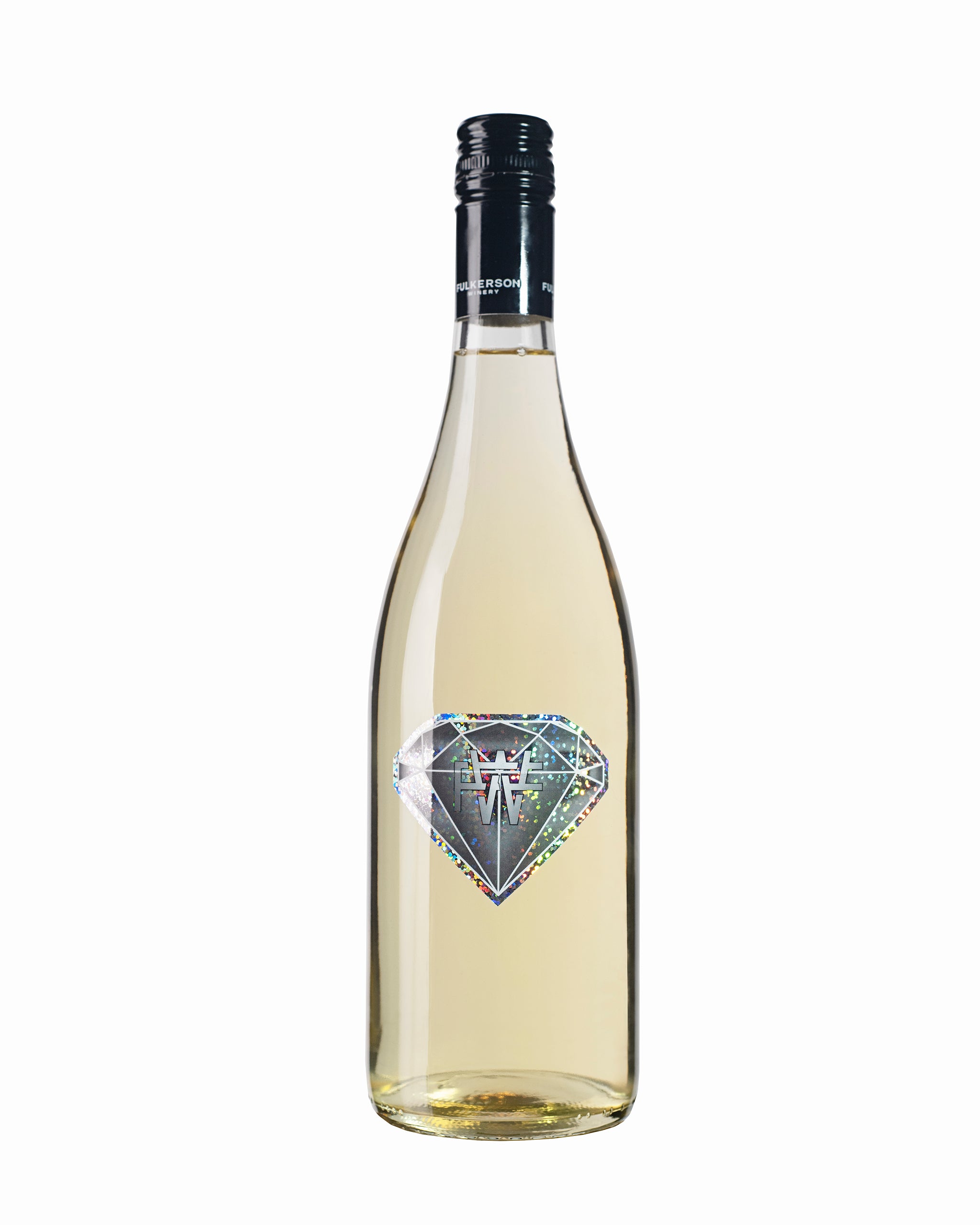 Wine bottle with a diamond-shaped label on a white background