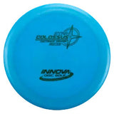 Blue disc golf disc with 'Innova' and 'Colossus' branding on a transparent background