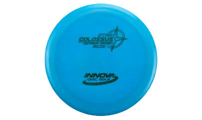 Blue disc golf disc with 'Innova' and 'Colossus' branding on a transparent background