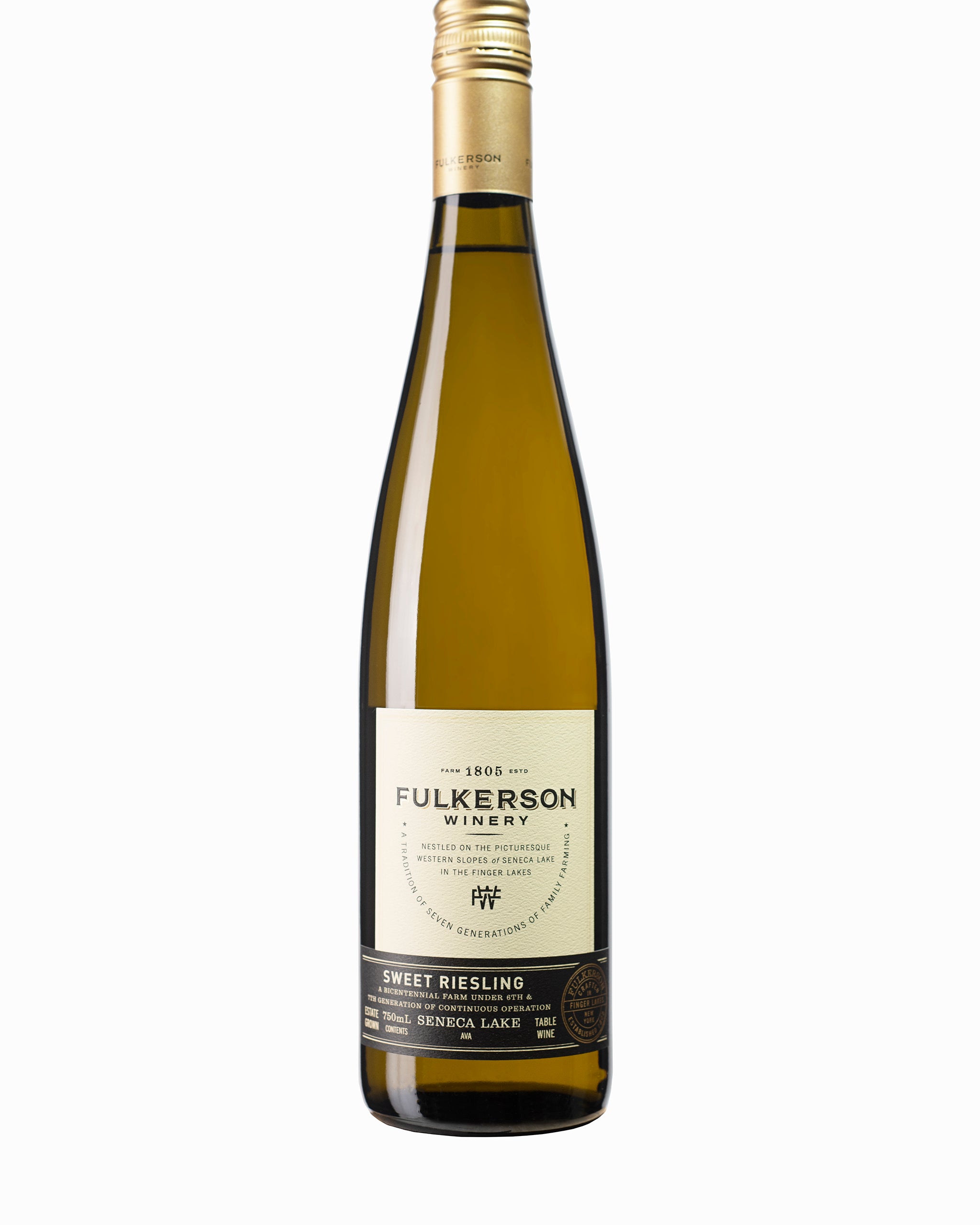 Fulkerson Winery bottle of sweet riesling on a white background