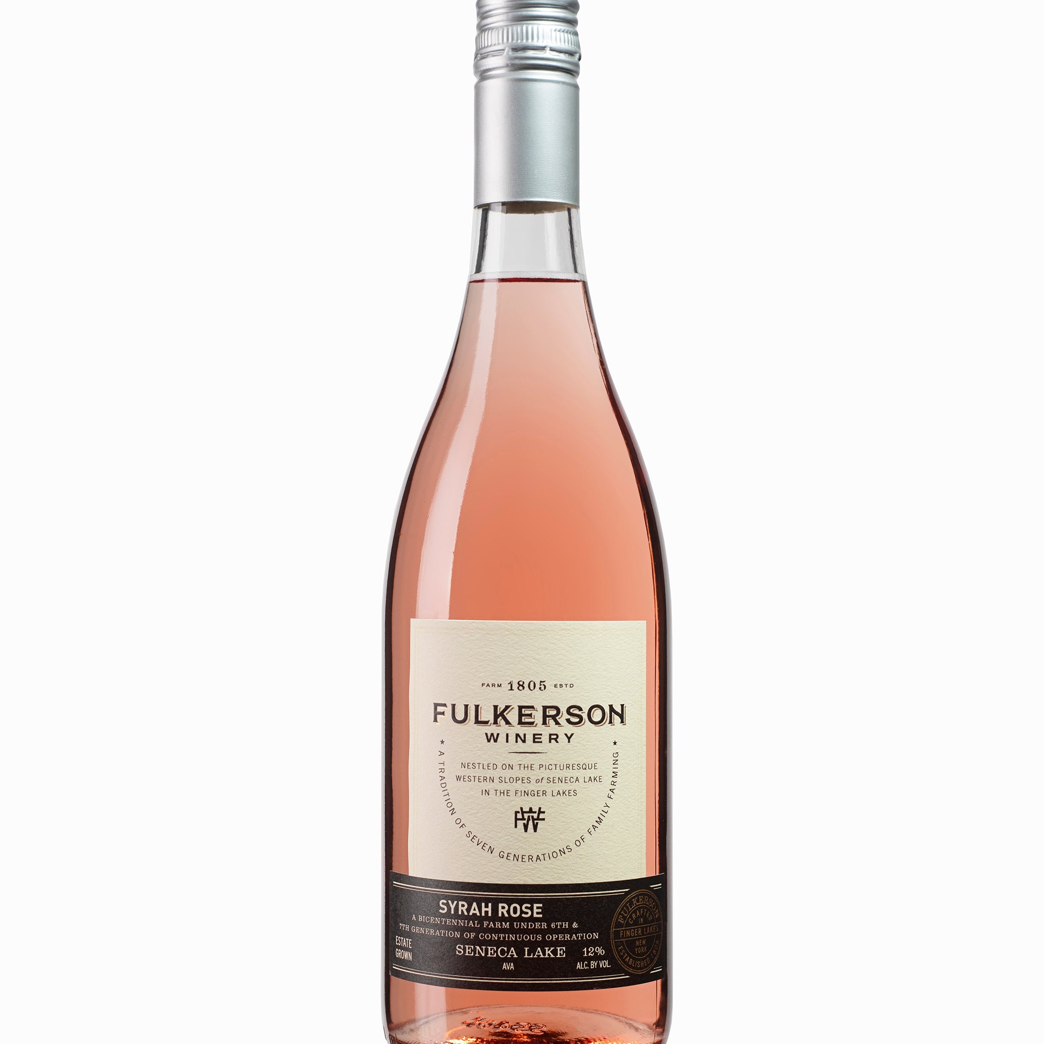 Fulkerson Wines Syrah Rose bottle on a white background