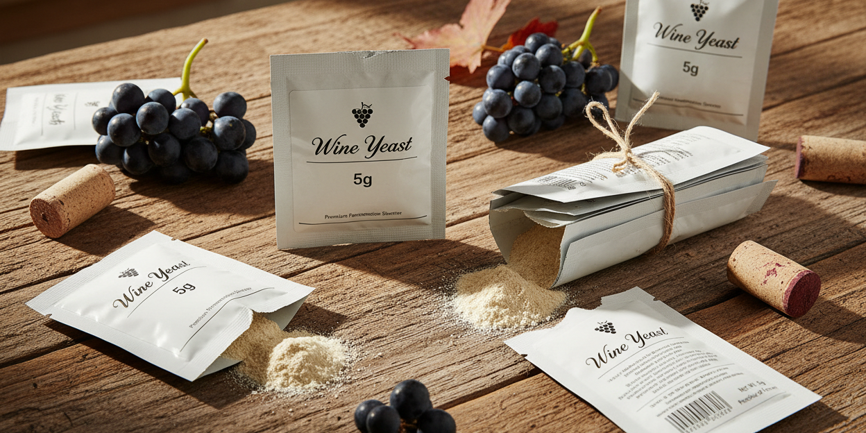 Wine yeast packages on a wooden table with grapes and corks. AI generated image.