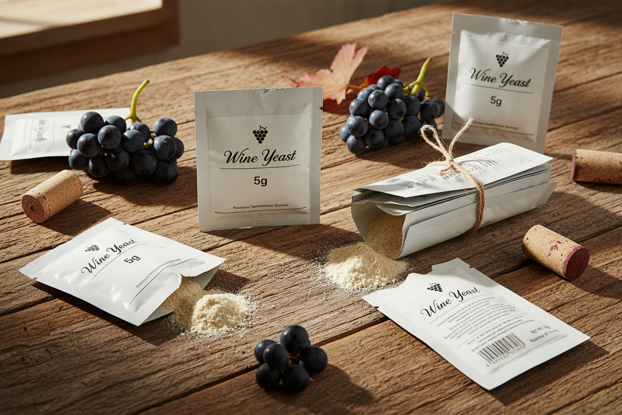 Wine yeast packages on a wooden table with grapes and corks. AI generated image.