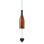 Brown glass wine bottle wind chime hanging ornament with a heart charm on a white background