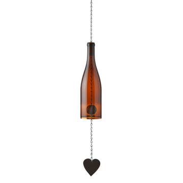 Brown glass wine bottle wind chime hanging ornament with a heart charm on a white background