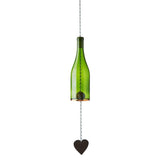 Green glass bottle hanging from a chain with a heart-shaped object at the bottom on a white background