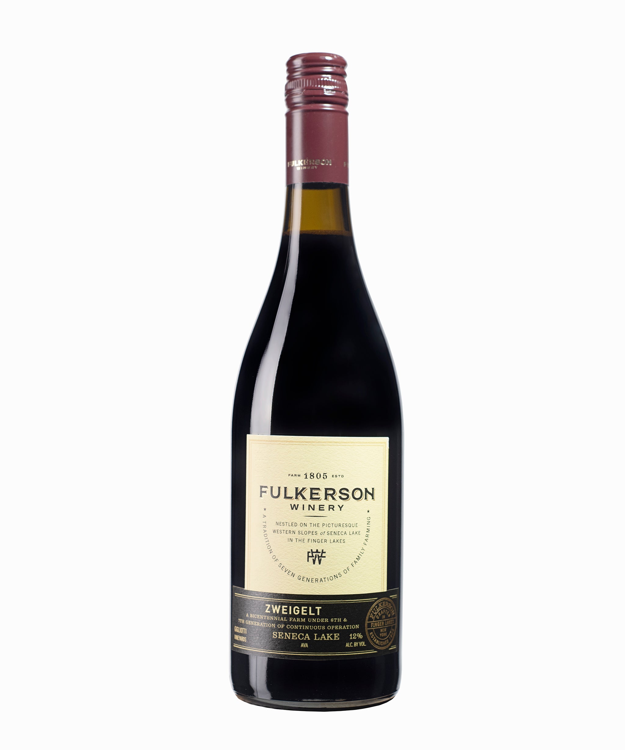 Dark bottle of Fulkerson Winery and farm Zweigelt on a white background 