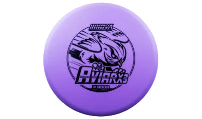 Purple Aviar disc with a logo and a bird image on a transparent background