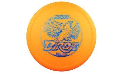 Orange disc with blue bird design and 'Birdie' text on a transparent background