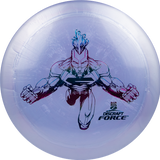 Clear disc with a superhero graphic and 'Discraft Force' branding on a white background