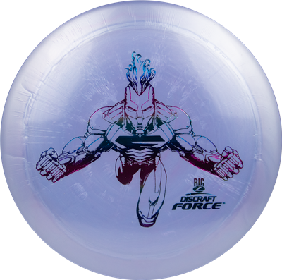 Clear disc with a superhero graphic and 'Discraft Force' branding on a white background