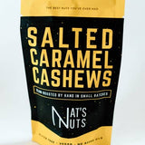 Bag of salted caramel cashews with 'At's Nuts' branding on a white background