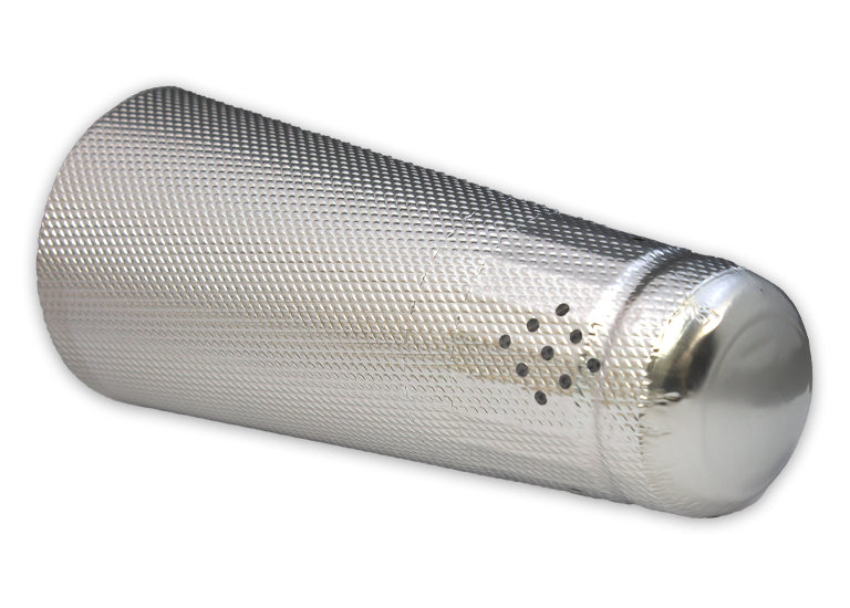 Metallic cylindrical object with textured surface on a white background