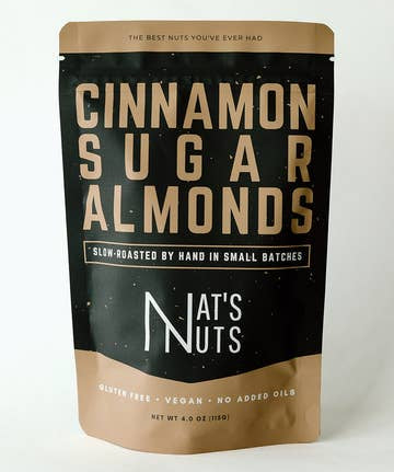 Packaging of cinnamon sugar almonds from Nat's Nuts on a white background