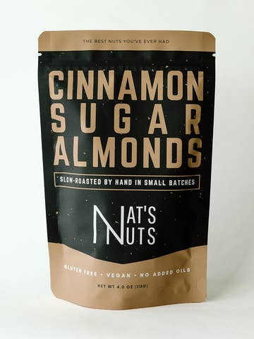 Packaging of cinnamon sugar almonds from Nat's Nuts on a white background