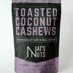 Package of toasted coconut cashews by Nat's Nuts on a white background