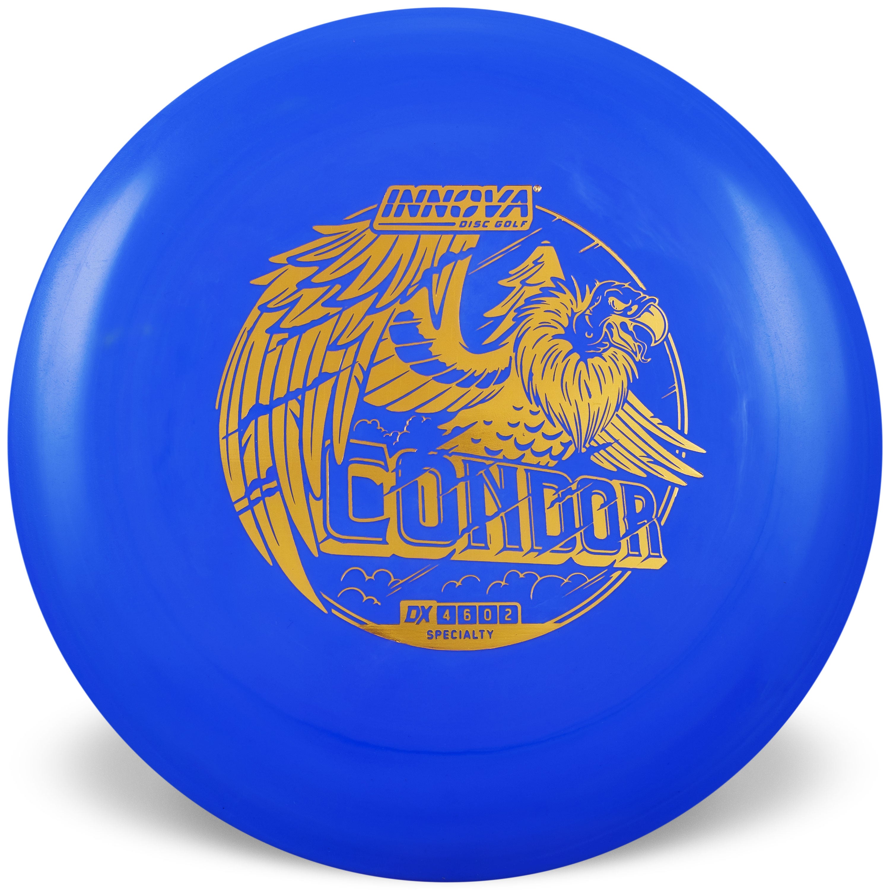 Blue disc golf "condor" disc with branding of a condor bird in yellow on a white background