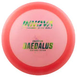 Pink disc golf disc with 'Champion' and 'Daedalus' branding on a transparent background