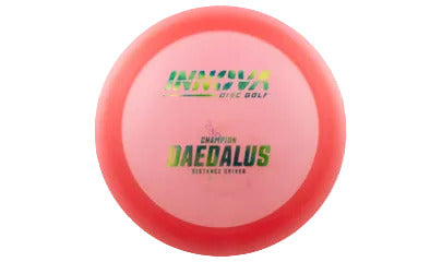 Pink disc golf disc with 'Champion' and 'Daedalus' branding on a transparent background
