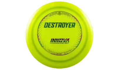 Yellow disc golf disc with 'Destroyer' and 'Innova' branding on a transparent background