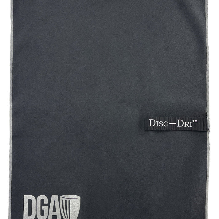 Black towel with Disc-Dri and DGA Disc Golf logos on a white background