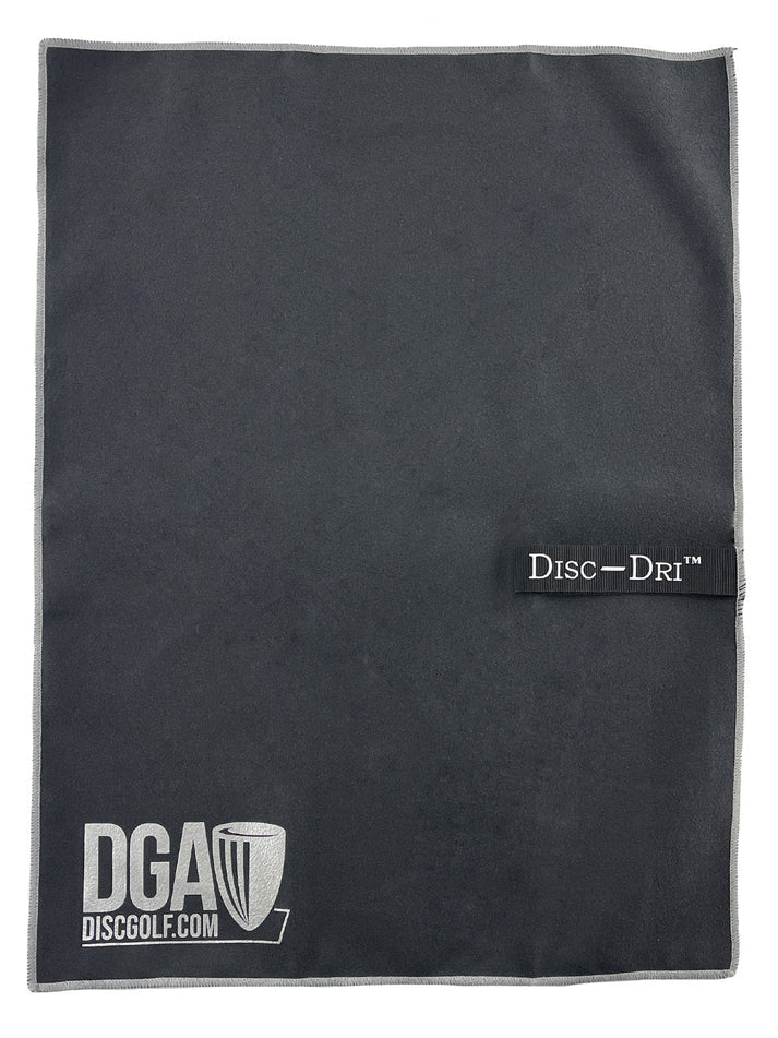 Black towel with Disc-Dri and DGA Disc Golf logos on a white background