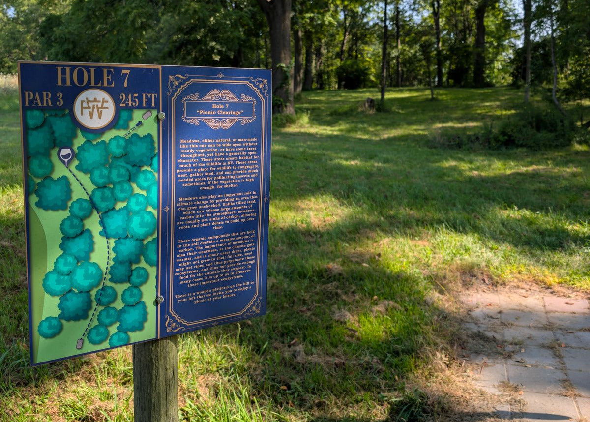 Blue sign with green map and text in a park setting