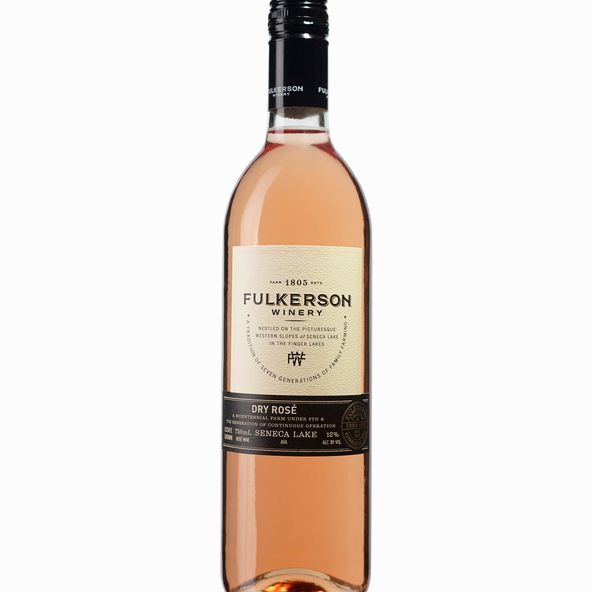 Bottle of Fulkerson Winery Dry Rosé wine on a white background