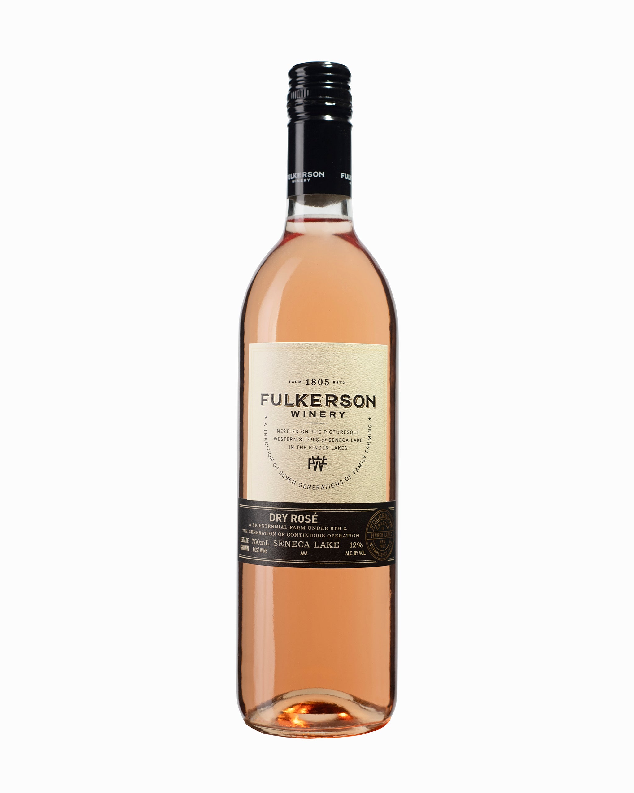 Bottle of Fulkerson Winery Dry Rosé wine on a white background