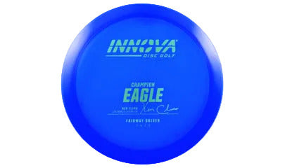 Blue disc golf disc with Innova branding on a transparent background