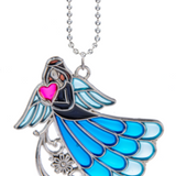Decorative angel ornament with blue wings and pink heart on a white background