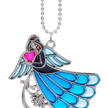 Decorative angel ornament with blue wings and pink heart on a white background