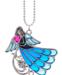 Decorative angel ornament with blue wings and pink heart on a white background