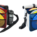 Two disc golf bags, one red and one blue, with discs and water bottles inside on a white background.