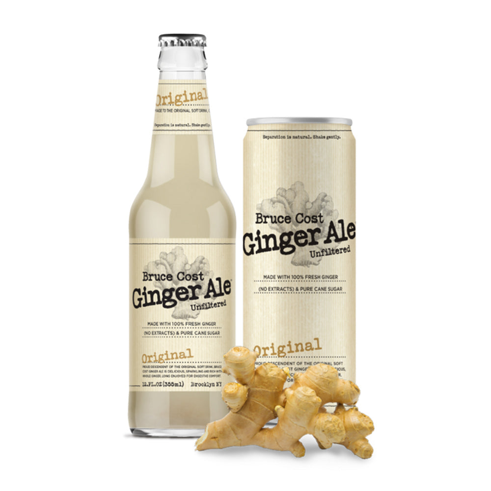 Bottle and can of Bruce Cost Ginger Ale with ginger root on a white background
