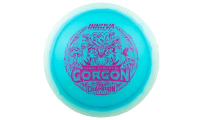 Blue disc golf disc with 'Gorgon' and 'Champion' branding on a transparent background
