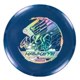 Blue disc with colorful hawk design on a transparent background